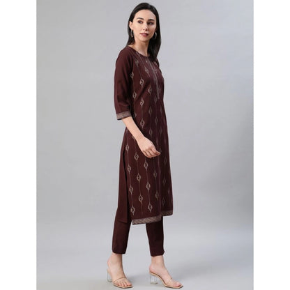 Roneclick Women's Casual 3-4Th Sleeve Ethnic Motifs Rayon Kurti And Pant Set (Brown)