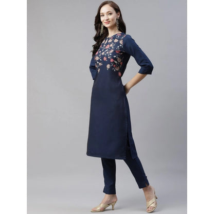 Roneclick Women's Casual 3-4Th Sleeve Floral Printed Rayon Kurti And Pant Set (Navy Blue)