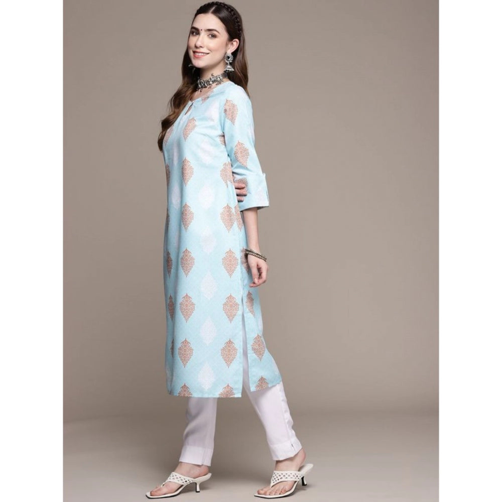 Roneclick Women's Casual 3-4Th Sleeve Ethnic Motifs Rayon Kurti And Pant Set (Sky Blue)