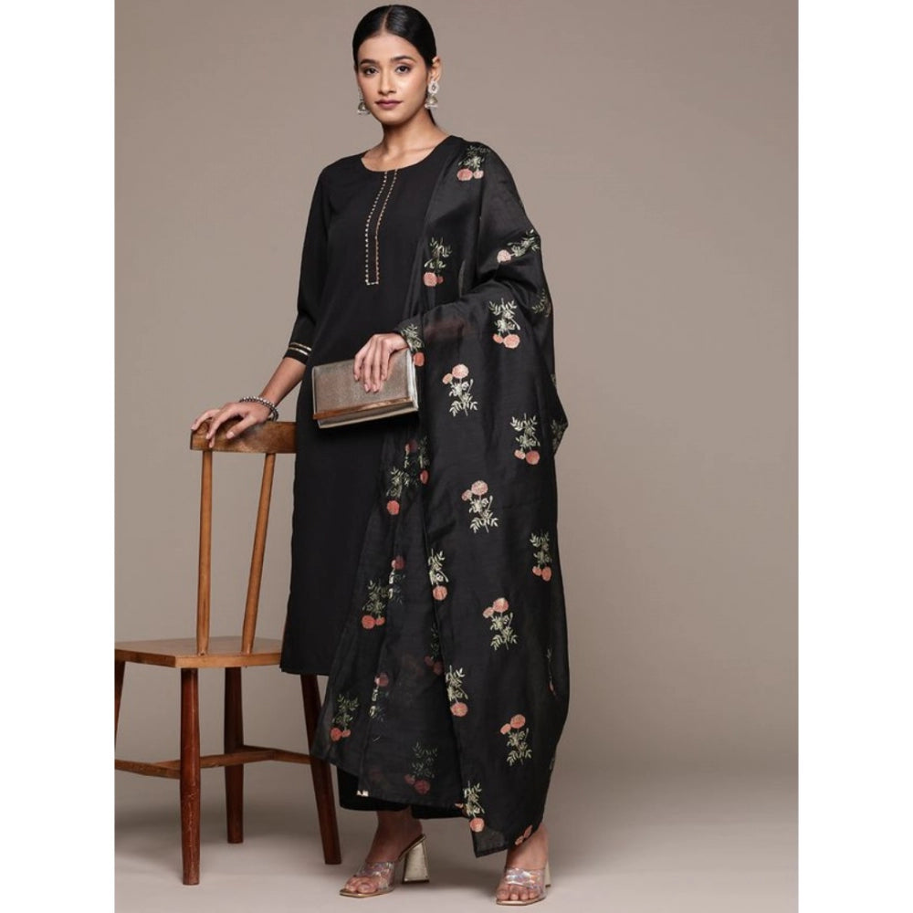 Roneclick Women's Casual 3-4Th Sleeve Ethnic Motifs Crepe Kurti Palazzo And Dupatta Set (Black)