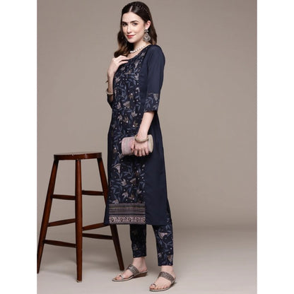 Roneclick Women's Casual 3-4Th Sleeve Floral Printed Crepe Kurti and Pant Set (Navy Blue)