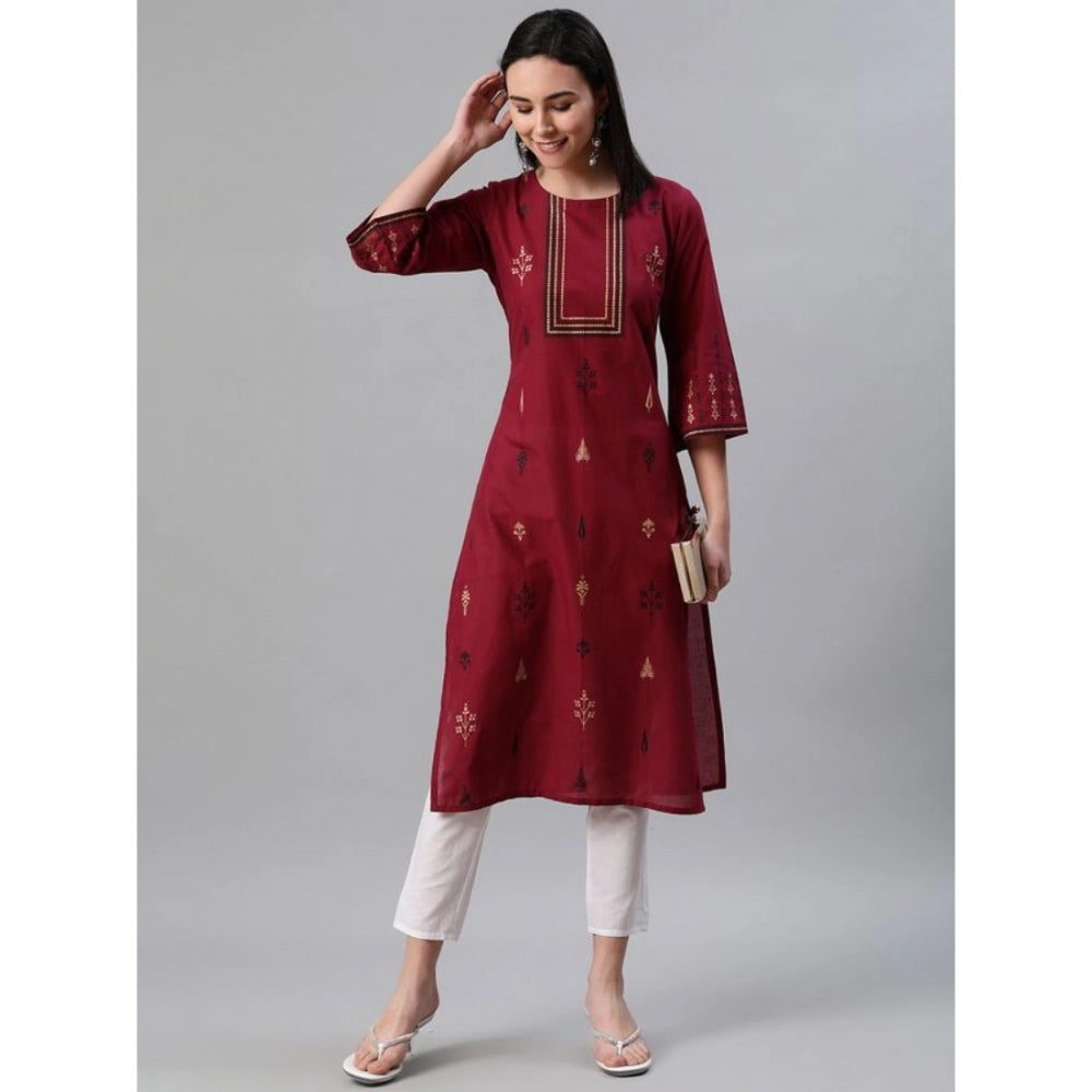 Roneclick Women's Casual 3-4Th Sleeve Ethnic Motifs Rayon Kurti And Pant Set (Red)