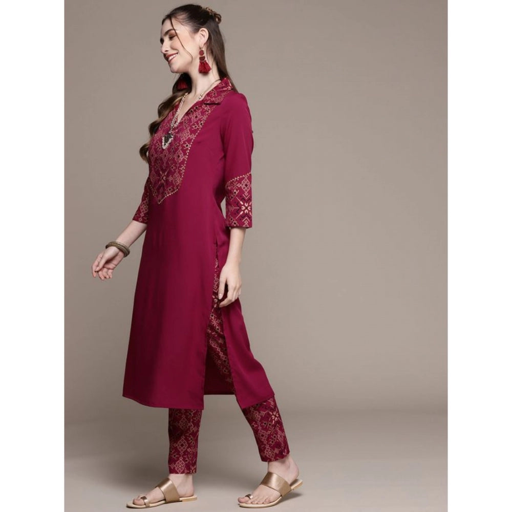 Roneclick Women's Casual 3-4Th Sleeve Geometric Crepe Kurti and Pant Set (Maroon)