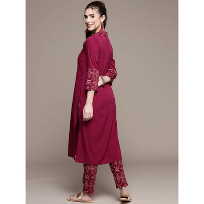 Roneclick Women's Casual 3-4Th Sleeve Geometric Crepe Kurti and Pant Set (Maroon)