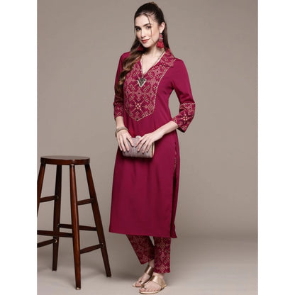 Roneclick Women's Casual 3-4Th Sleeve Geometric Crepe Kurti and Pant Set (Maroon)