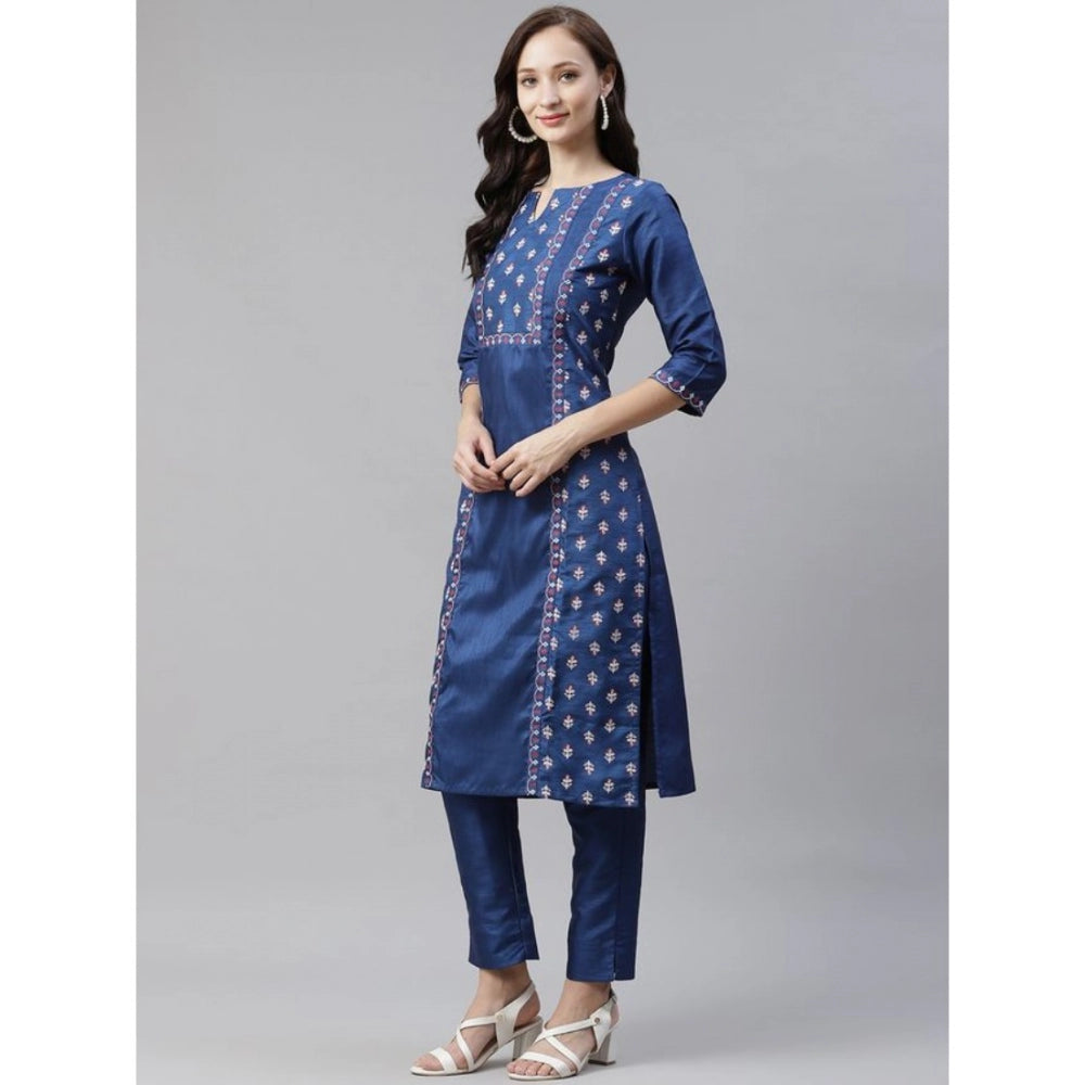 Roneclick Women's Casual 3-4Th Sleeve Floral Printed Poly Silk Kurti And Pant Set (Blue)