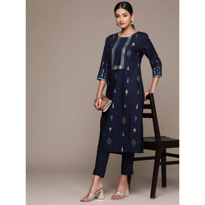 Roneclick Women's Casual 3-4Th Sleeve Floral Printed Rayon Kurti And Pant Set (Navy Blue)