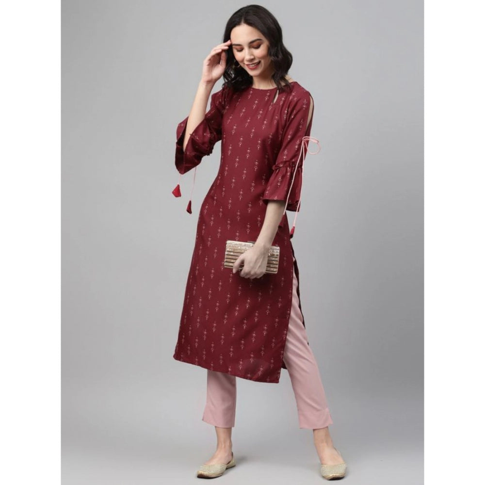 Roneclick Women's Casual 3-4Th Sleeve Ethnic Motifs Rayon Kurti And Pant Set (Maroon)