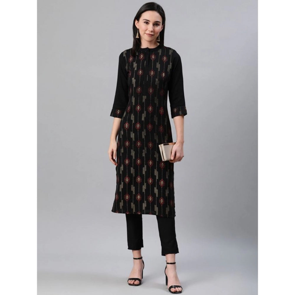 Roneclick Women's Casual 3-4Th Sleeve Ethnic Motifs Rayon Kurti And Pant Set (Black)