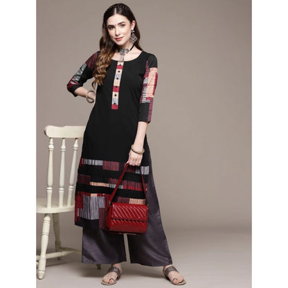 Roneclick Women's Casual 3-4Th Sleeve Ethnic Motifs Crepe Kurti (Black)