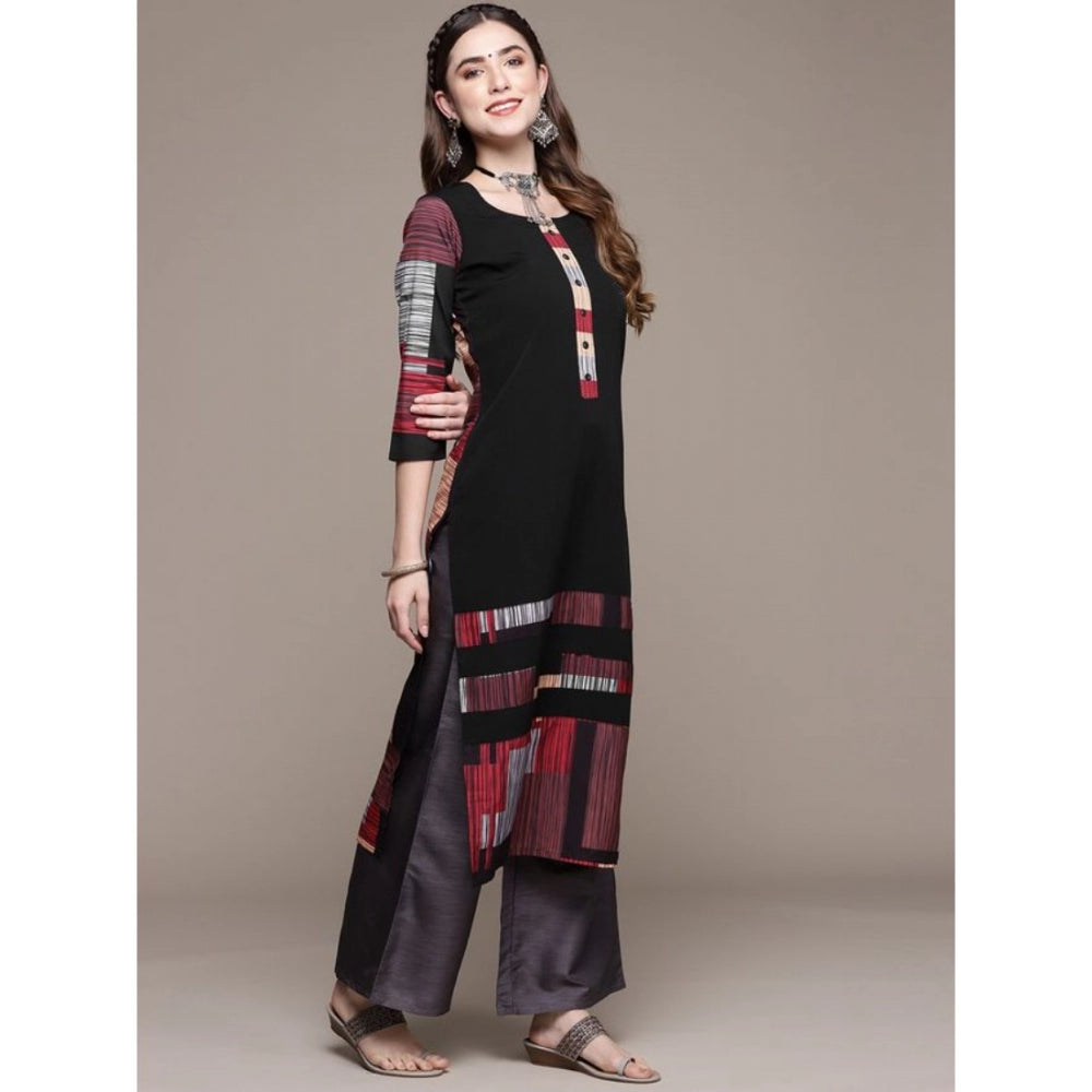 Roneclick Women's Casual 3-4Th Sleeve Ethnic Motifs Crepe Kurti (Black)