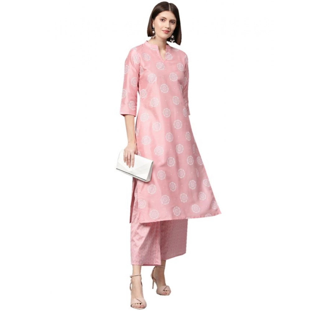 Roneclick Women's Casual 3-4Th Sleeve Floral Printed Poly Silk Kurti And Palazzo Set (Pink)