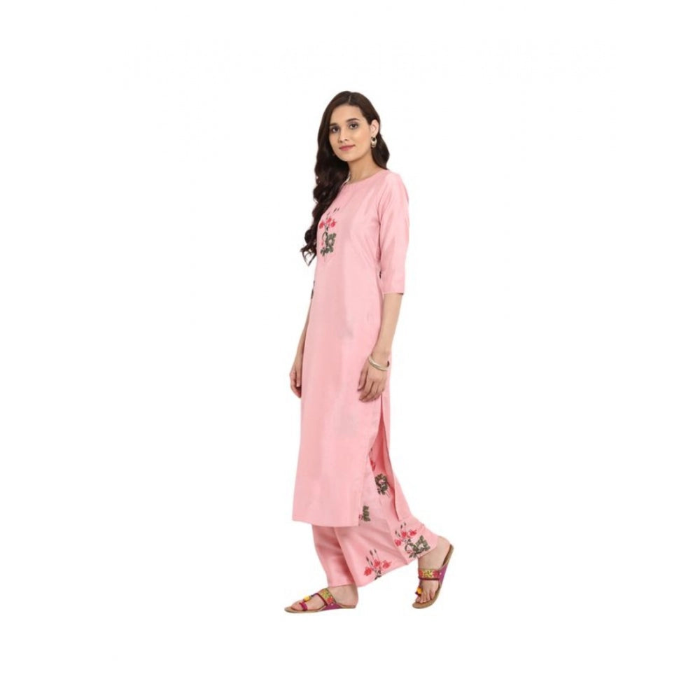 Roneclick Women's Casual 3-4Th Sleeve Floral Printed Poly Silk Kurti and Palazzo Set (Pink)