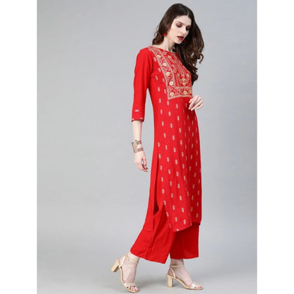 Roneclick Women's Casual 3-4Th Sleeve Floral Printed Rayon Kurti and Palazzo Set (Red)