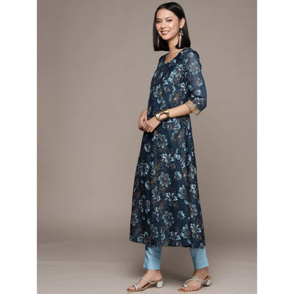 Roneclick Women's Casual 3-4Th Sleeve Floral Printed Chanderi Cotton Kurti And Pant Set (Navy Blue)