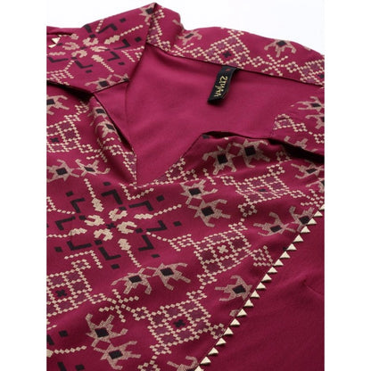 Roneclick Women's Casual 3-4Th Sleeve Geometric Crepe Kurti and Pant Set (Maroon)