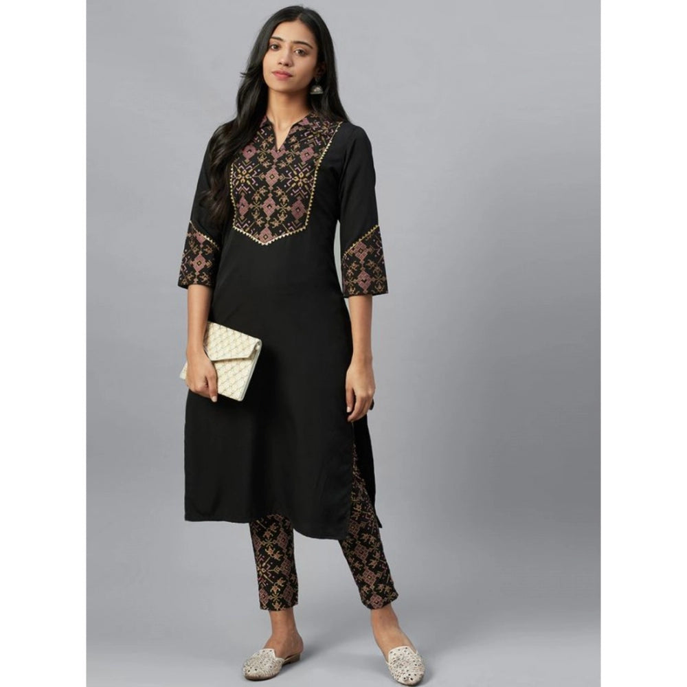 Roneclick Women's Casual 3-4Th Sleeve Geometric Crepe Kurti and Pant Set (Black)