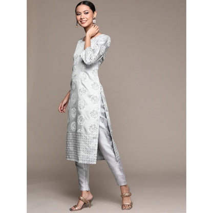 Roneclick Women's Casual 3-4Th Sleeve Floral Printed Poly Silk Kurti and Pant Set (Light Grey)