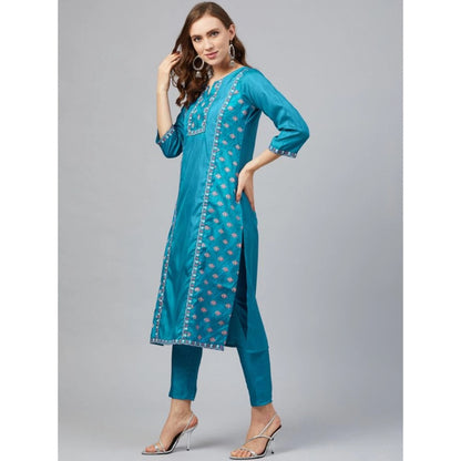 Roneclick Women's Casual 3-4Th Sleeve Floral Printed Poly Silk Kurti and Pant Set (Blue)