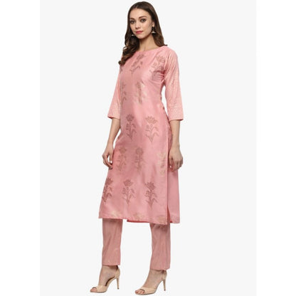 Roneclick Women's Casual 3-4Th Sleeve Floral Printed Poly Silk Kurti and Pant Set (Pink)