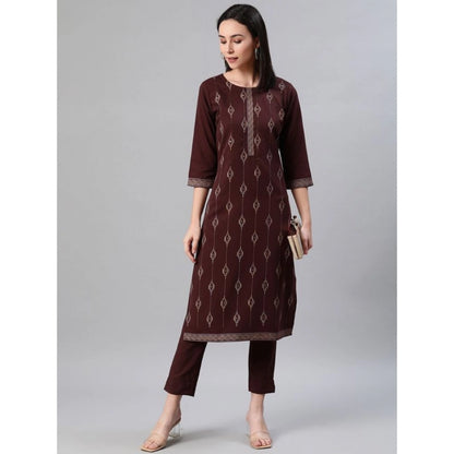 Roneclick Women's Casual 3-4Th Sleeve Ethnic Motifs Rayon Kurti And Pant Set (Brown)