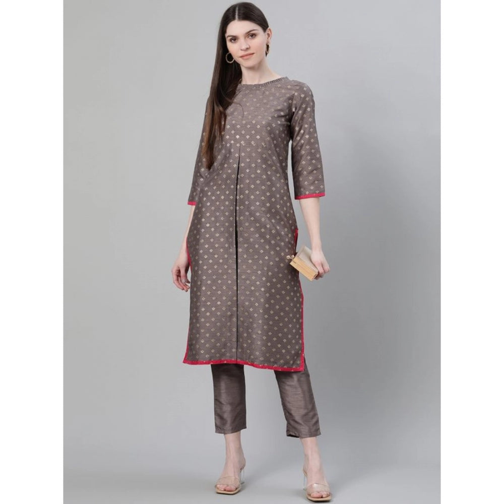 Roneclick Women's Casual 3-4Th Sleeve Ethnic Motifs Poly Silk Kurti And Pant Set (Grey)