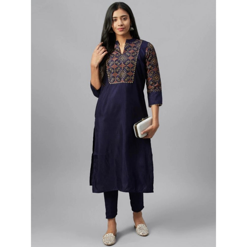 Roneclick Women's Casual 3-4Th Sleeve Ethnic Motifs Poly Silk Kurti and Pant Set (Blue)