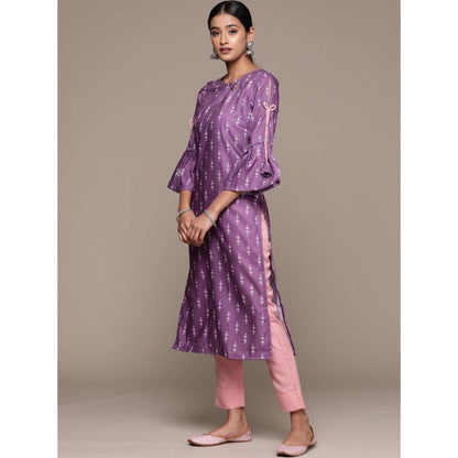 Roneclick Women's Casual 3-4Th Sleeve Ethnic Motifs Rayon Kurti And Pant Set (Lavender)