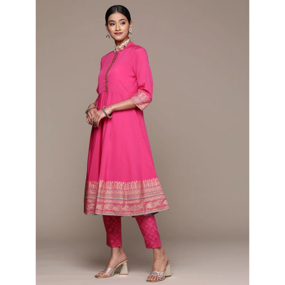 Roneclick Women's Casual 3-4Th Sleeve Ethnic Motifs Crepe Kurti Pant And Dupatta Set (Pink)