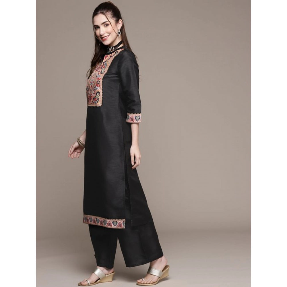 Roneclick Women's Casual 3-4Th Sleeve Floral Printed Poly Silk Kurti and Palazzo Set (Black)