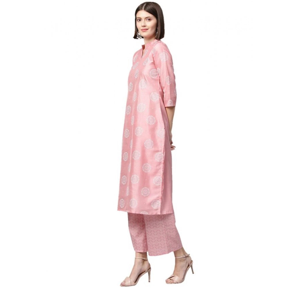 Roneclick Women's Casual 3-4Th Sleeve Floral Printed Poly Silk Kurti And Palazzo Set (Pink)