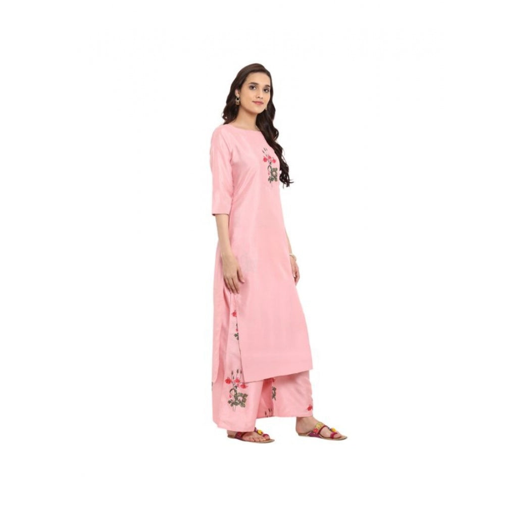 Roneclick Women's Casual 3-4Th Sleeve Floral Printed Poly Silk Kurti and Palazzo Set (Pink)