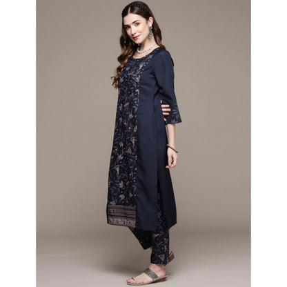 Roneclick Women's Casual 3-4Th Sleeve Floral Printed Crepe Kurti and Pant Set (Navy Blue)