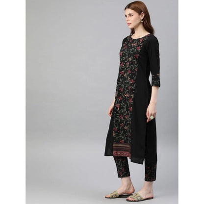 Roneclick Women's Casual 3-4Th Sleeve Floral Printed Crepe Kurti and Pant Set (Black)