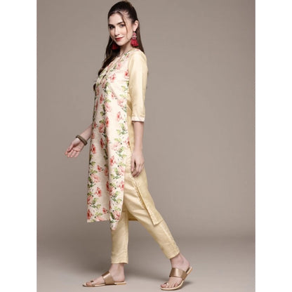 Roneclick Women's Casual 3-4Th Sleeve Floral Printed Poly Silk Kurti and Pant Set (Cream)