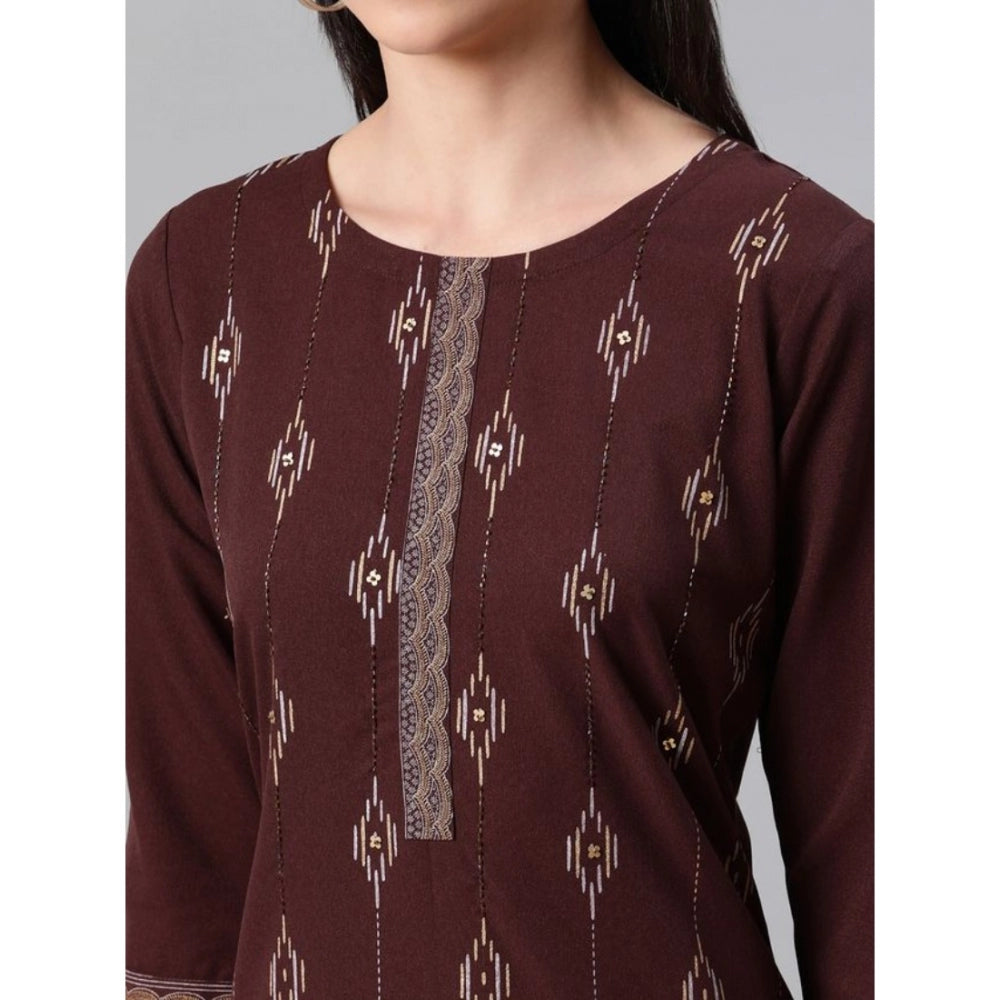 Roneclick Women's Casual 3-4Th Sleeve Ethnic Motifs Rayon Kurti And Pant Set (Brown)