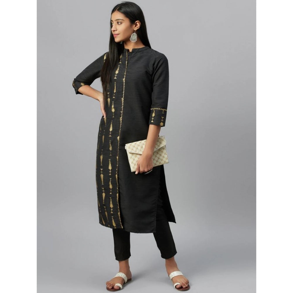 Roneclick Women's Casual 3-4Th Sleeve Ethnic Motifs Poly Silk Kurti and Pant Set (Black)