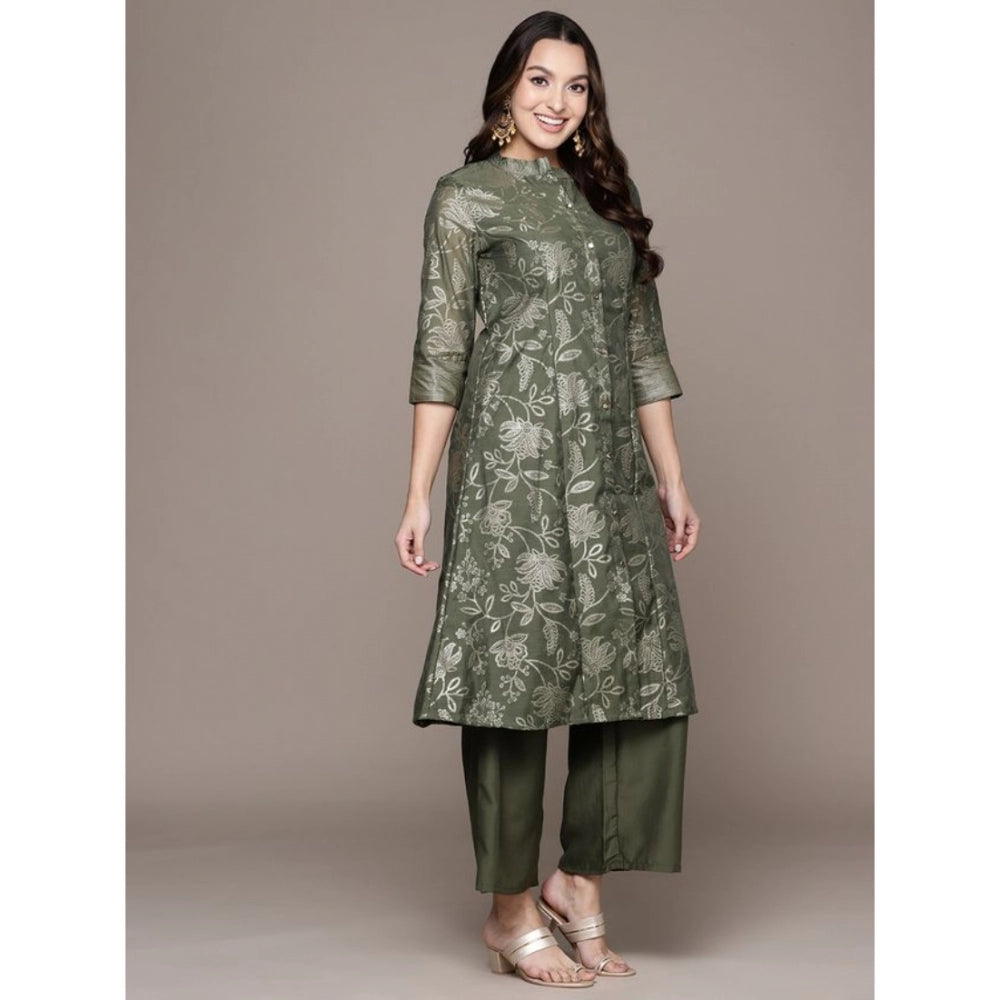 Roneclick Women's Casual 3-4Th Sleeve Floral Printed Chanderi Cotton Kurti Palazzo And Dupatta Set (Green)