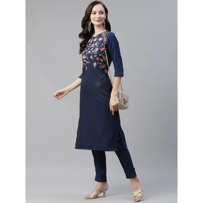 Roneclick Women's Casual 3-4Th Sleeve Floral Printed Rayon Kurti And Pant Set (Navy Blue)