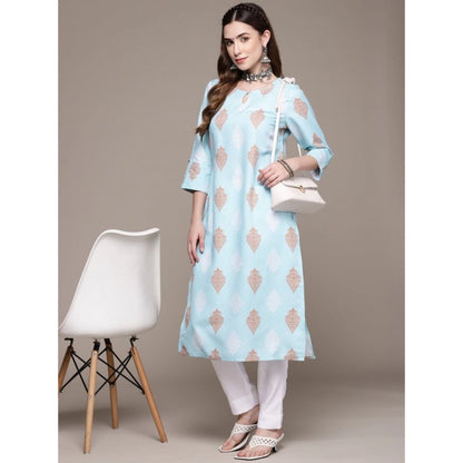 Roneclick Women's Casual 3-4Th Sleeve Ethnic Motifs Rayon Kurti And Pant Set (Sky Blue)