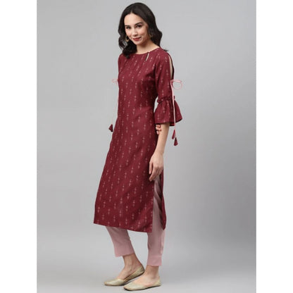 Roneclick Women's Casual 3-4Th Sleeve Ethnic Motifs Rayon Kurti And Pant Set (Maroon)