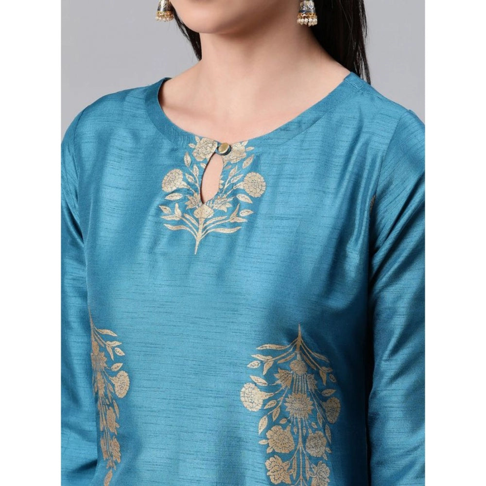 Roneclick Women's Casual 3-4Th Sleeve Ethnic Motifs Poly Silk Kurti Pant And Dupatta Set (Blue)