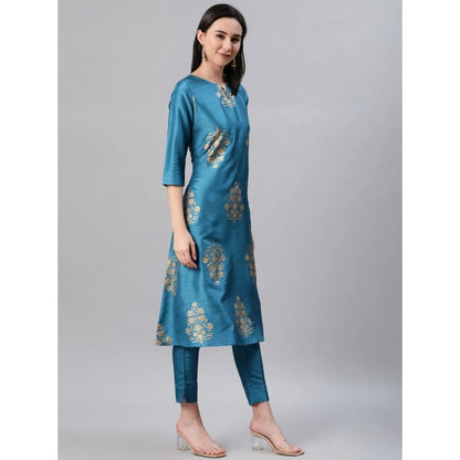 Roneclick Women's Casual 3-4Th Sleeve Ethnic Motifs Poly Silk Kurti Pant And Dupatta Set (Blue)