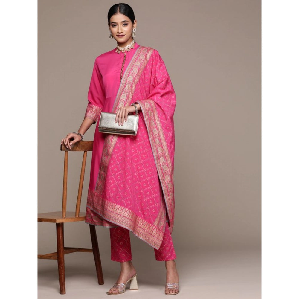 Roneclick Women's Casual 3-4Th Sleeve Ethnic Motifs Crepe Kurti Pant And Dupatta Set (Pink)