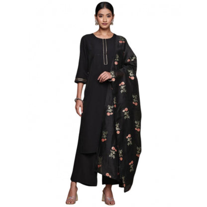 Roneclick Women's Casual 3-4Th Sleeve Ethnic Motifs Crepe Kurti Palazzo And Dupatta Set (Black)