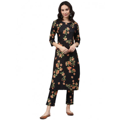 Roneclick Women's Casual 3-4Th Sleeve Floral Printed Rayon Kurti And Pant Set (Black)