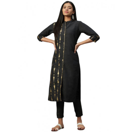 Roneclick Women's Casual 3-4Th Sleeve Ethnic Motifs Poly Silk Kurti and Pant Set (Black)