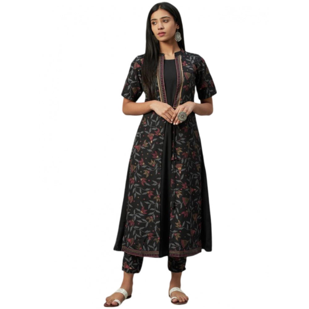 Roneclick Women's Casual 3-4Th Sleeve Floral Printed Crepe Kurti and Pant Set (Black)