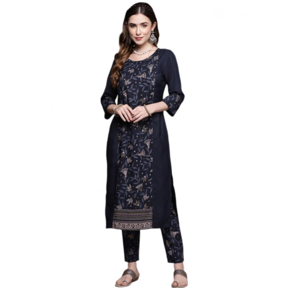 Roneclick Women's Casual 3-4Th Sleeve Floral Printed Crepe Kurti and Pant Set (Navy Blue)