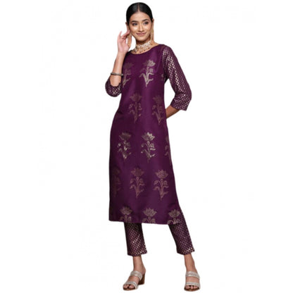 Roneclick Women's Casual 3-4Th Sleeve Floral Printed Chinon Kurti and Pant Set (Purple)